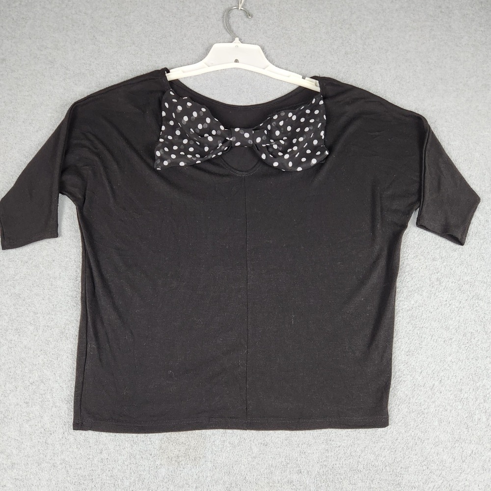 Windsor Top Womens XS Black White Polka Dot Bow Stretch Knit 3/4 Sleeve Summer